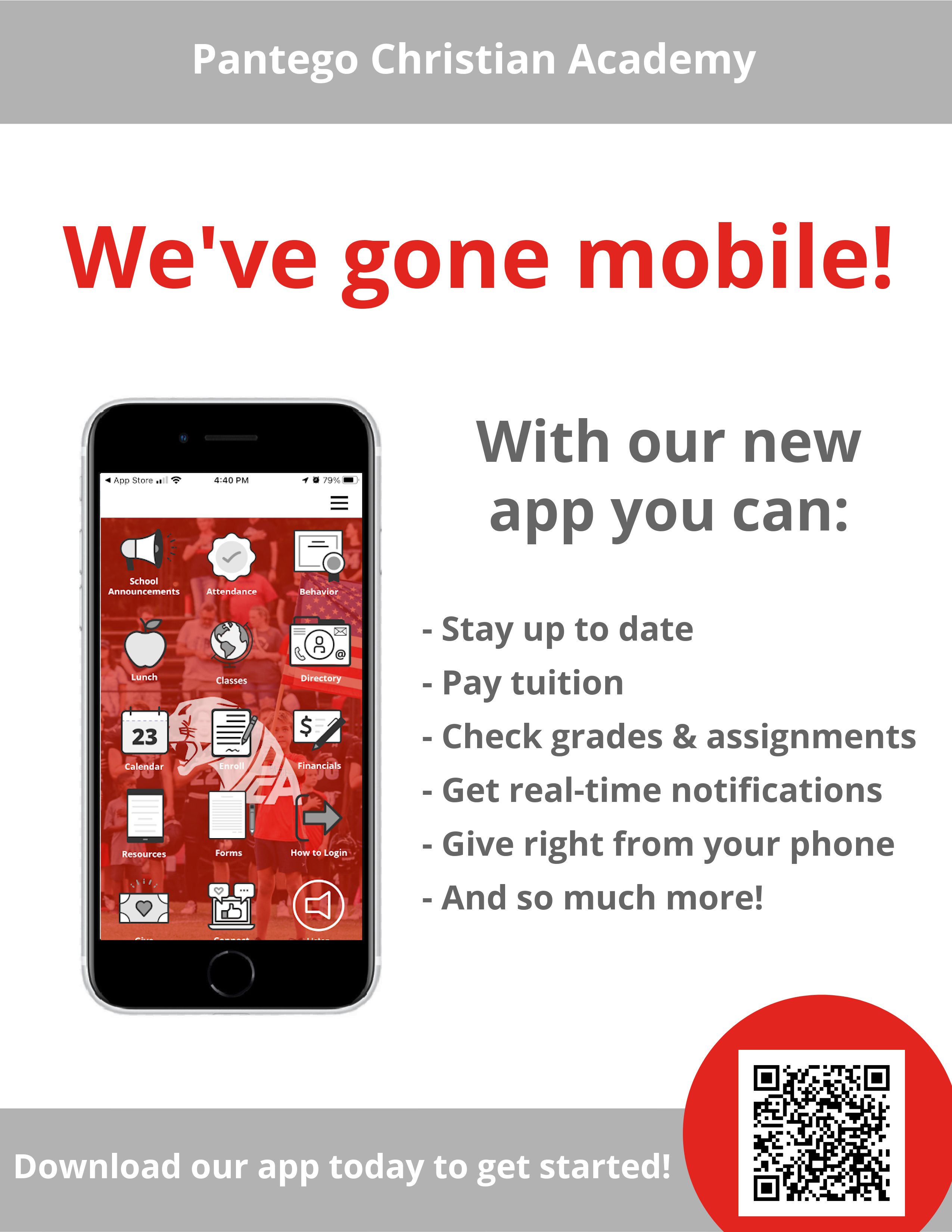 download the new Pantego Christian Academy app from the Apple store or Google Play store